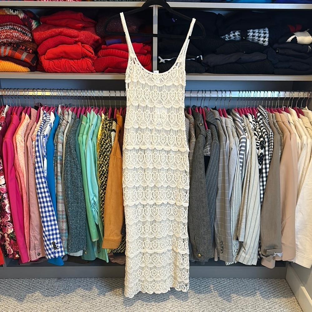 Zara ivory sleeveless lined crocheted midi dress size S NWT